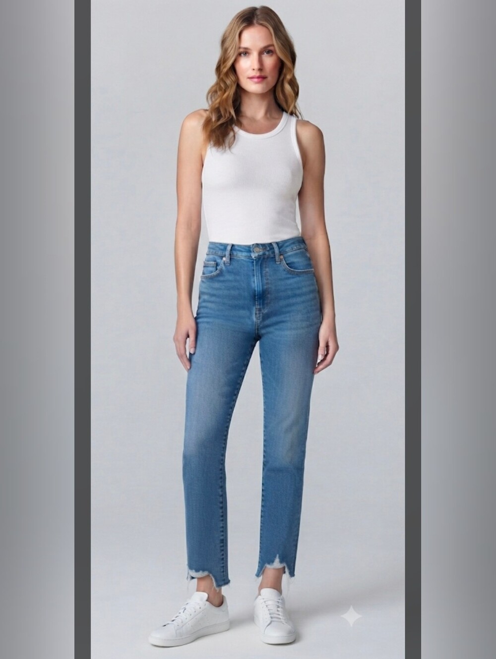 Good American High Rise Raw Hem Straight Leg Jeans, 6 / 28